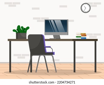 Organization workplace of employee. Design of worspace room, space for working in office. Arrangement of furniture table with computer and chair in interior. Place for working with technology at home