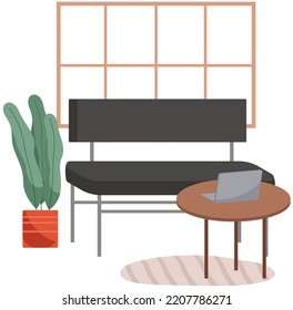 Organization workplace of employee. Design of worspace room, space for working in office. Arrangement of furniture table with computer and chair in interior. Place for working with technology at home
