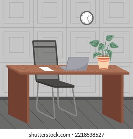 Organization workplace of employee. Design of worspace room, space for working in office. Arrangement of furniture table with computer and chair in interior. Place for working with technology at home