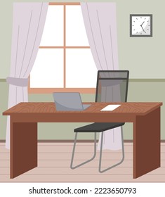 Organization workplace of employee. Design of worspace room, space for working in office. Arrangement of furniture table with computer and chair in interior. Place for working with technology at home