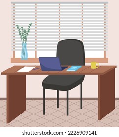 Organization workplace of employee. Design of worspace room, space for working in office. Arrangement of furniture table with computer and chair in interior. Place for working with technology at home