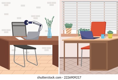 Organization workplace of employee. Design of worspace room, space for working in office. Arrangement of furniture table with computer and chair in interior. Place for working with technology at home
