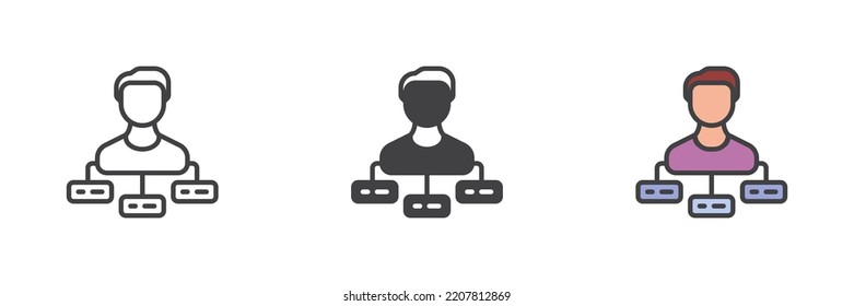 Organizational Chart verschiedene Stil-Icon-Set. Linie, Glyph und gefüllte Umrissversion, Umriss und ausgefülltes Vektorzeichen. Symbol, Logo-Abbildung. Vektorgrafik