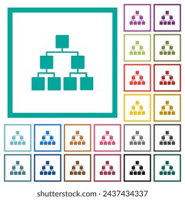 Organizational chart down solid flat color icons with quadrant frames on white background