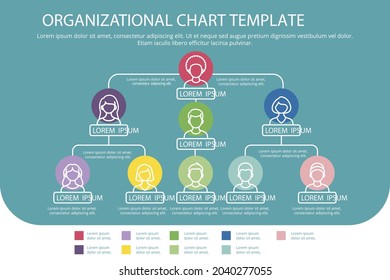 Organizational Chart Infographic Design Template. Chart, Structure, Hierarchy, Business Group Tree. Company People Relationship, Workforce. Organization Workflow Sequence. Team Management. Vector Art.