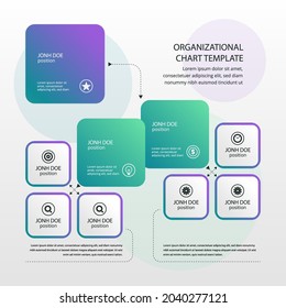 Organizational chart infographic design template. Chart, structure, hierarchy, business group tree. Company people relationship, workforce. Organization workflow sequence. Team management. Vector art.