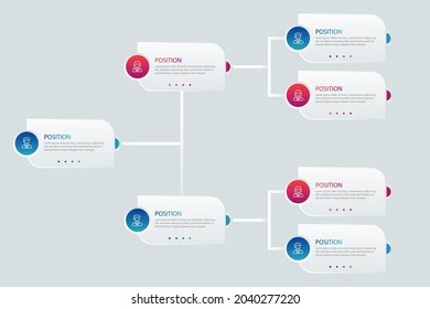 Organizational chart infographic design template. Chart, structure, hierarchy, business group tree. Company people relationship, workforce. Organization workflow sequence. Team management. Vector art.