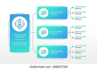 Organizational Chart Infographic Design Template. Chart, Structure, Hierarchy, Business Group Tree. Company People Relationship, Workforce. Organization Workflow Sequence. Team Management. Vector Art.