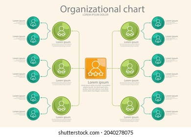 Organizational Chart Infographic Design Template. Chart, Structure, Hierarchy, Business Group Tree. Company People Relationship, Workforce. Organization Workflow Sequence. Team Management. Vector Art.