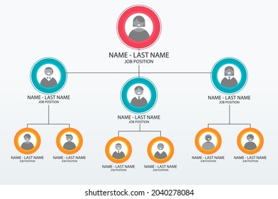 Organizational chart infographic design template. Chart, structure, hierarchy, business group tree. Company people relationship, workforce. Organization workflow sequence. Team management. Vector art.