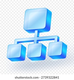 Organizational chart and network hierarchy 3d icon, isolated on transparent background. Ideal for business structure, sitemap, data flow, network, and corporate management concepts. Vector glass icon.