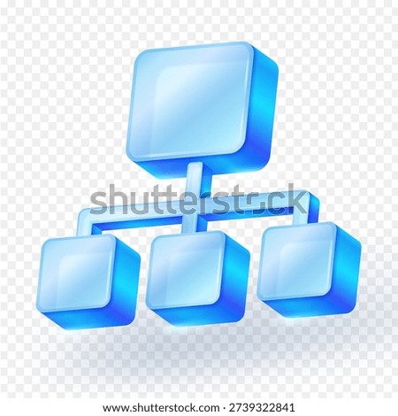 Organizational chart and network hierarchy 3d icon, isolated on transparent background. Ideal for business structure, sitemap, data flow, network, and corporate management concepts. Vector glass icon.