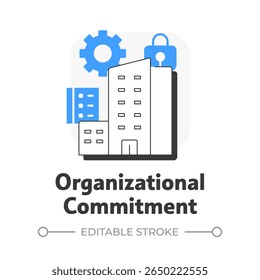 Organizational commitment flat outline concept icon. Partnership, collaboration. Teamwork organization. Corporate building. Modern line illustration with blue glyphs. Conceptual visual. Easy to edit