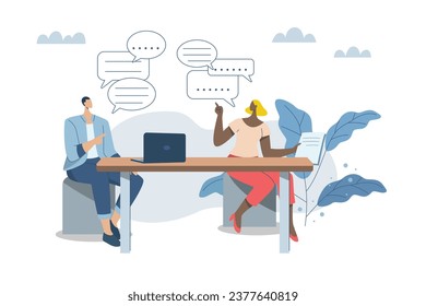 Organizational communication between co-workers, Managers and teams. Productive conversation or discussion in the workplace, Communication concepts, Having fun discussions at work. Vector illustration