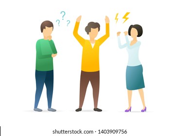 Organizational Conflict Flat Vector Illustration. Misunderstanding, Disagreement Between Workers, Colleagues Concept. Conflict Management. Coworkers, Partners Arguing, Shouting Cartoon Characters.