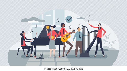 Organizational culture and diverse company as orchestra tiny person concept. Cooperative leader and boss as conductor and employees as playing musicians with effective teamwork vector illustration.