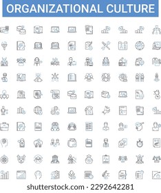 Organizational culture outline icons collection. Organizational, Culture, Values, Norms, Behaviors, Attitudes, Practices vector illustration set. Beliefs, Goals, Communication line signs