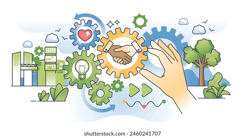 Organizational culture with values, beliefs and company rules outline hands concept. Business work organization with ethical cooperation and effective professional collaboration vector illustration.