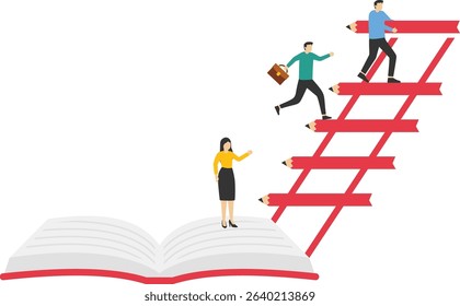 Organizational development book. businessman builds a book ladder. vector stock illustration


