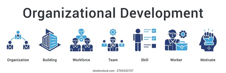 Desarrollo organizativo: creación de una fuerza de trabajo fuerte y Equipos con trabajadores calificados a través de la motivación. Elemento de icono para el diseño