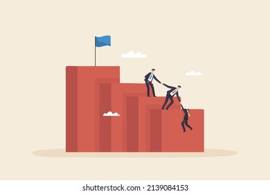 Organizational development Helping to reach goal, progress Achieving career goals and success Ladder of ambitions and visions of possible success for the future. Business team climbing a high.