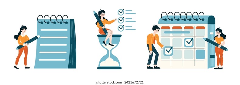 Organizational Efficiency set. Professionals managing time and tasks. Scheduling, prioritization, and goal setting in a corporate environment. Flat vector illustration