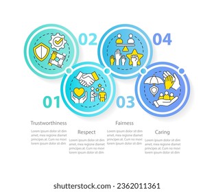 Organizational ethics elements circle infographic template. Fairness. Data visualization with 4 steps. Editable timeline info chart. Workflow layout with line icons. Myriad Pro-Regular font used