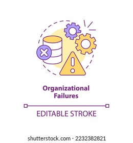 Icono de concepto de fallas organizacionales. Problema de gestión de datos. Ilustración de línea delgada de idea abstracta del sistema improductivo. Dibujo de contorno aislado. Trazo editable. Fuentes Arial, Myriad Pro-Bold utilizadas