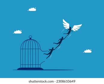 Organizational freedom. Businessman team leader with wings flying out of cage