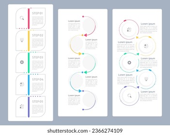 Juego de plantillas de diseño de gráficos de infografía de objetivos organizativos. Gráfico de infografías editable con iconos. Gráficos instructivos con secuencia de 5 pasos. Presentación de datos visuales. Fuente de Merriweather Sans utilizada