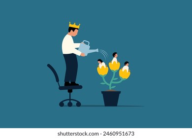 Organizational Growth. Servant leadership, Human Resources Management for Career Growth.  Manager Watering Growing Tree with Employees.  Vector Business Illustration