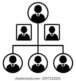 Organizational hierarchy, corporate structure, business icon, black and white diagram, minimalist design, management levels, team structure, leadership chart, company organization, 