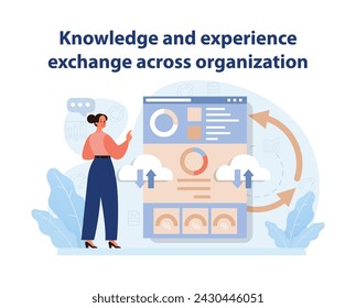 Organizational Knowledge Sharing Vector. An illustrative scene of a professional facilitating cross-departmental knowledge and experience sharing.