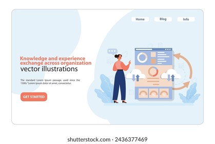 Organizational Knowledge Sharing Vector. An illustrative scene of a professional facilitating cross-departmental knowledge and experience sharing.