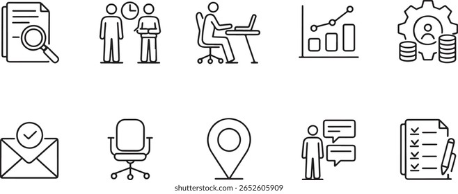 Ícones de gerenciamento organizacional que ilustram a análise de produtividade do trabalho em equipe Comunicações e configurações de local de trabalho para a conceitualização de recursos humanos e de negócios em representação de design de vetor para 