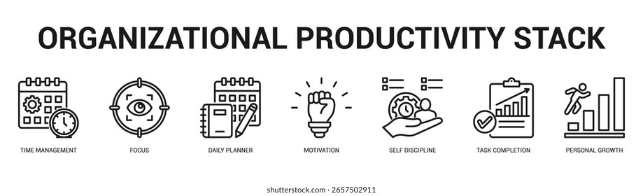 Organizational Productivity Stack Moderne und saubere Web-Banner-Illustration mit thematischen Symbolen für visuelle Kommunikation