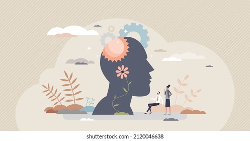 Organizational psychology as employees mental health care tiny person concept. Business labor behavior research for professional workers wellness, social synergy and motivation vector illustration.