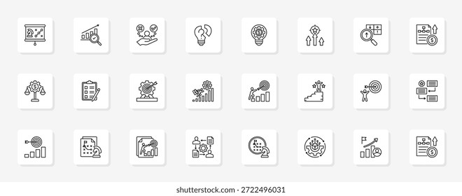 Organisationsstrategie und Ausrichtung Zusammenhängende minimalistische Vektorsymbole, die wichtige Ideen mit visueller Klarheit darstellen