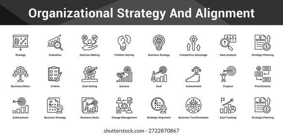 Organisationsstrategie und Ausrichtung Zusammenhängende minimalistische Vektorsymbole, die wichtige Ideen mit visueller Klarheit darstellen