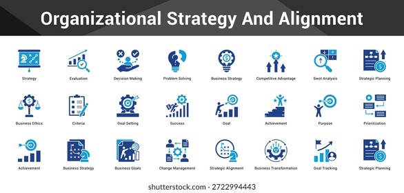 Organisationsstrategie und Ausrichtung Zusammenhängende minimalistische Vektorsymbole, die wichtige Ideen mit visueller Klarheit darstellen
