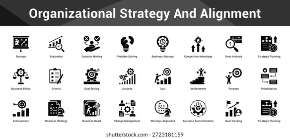 Organisationsstrategie und Ausrichtung Zusammenhängende minimalistische Vektorsymbole, die wichtige Ideen mit visueller Klarheit darstellen