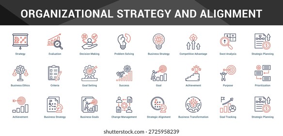 Organisationsstrategie und Ausrichtung Zusammenhängende minimalistische Vektorsymbole, die wichtige Ideen mit visueller Klarheit darstellen