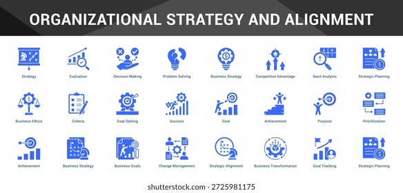 Organisationsstrategie und Ausrichtung Zusammenhängende minimalistische Vektorsymbole, die wichtige Ideen mit visueller Klarheit darstellen