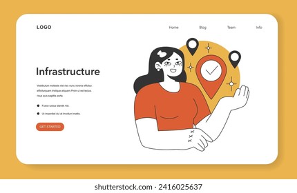 Organizational structure concept. A professional maps out key locations, underpinning robust infrastructure for efficient business scaling. Strategic foundation setting. Flat vector illustration.