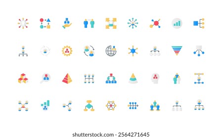 Organizational structure of corporate company, org chart and hierarchy of employees group color icon set. Business workforce, tree flowchart with chairman, pyramid flat elements vector illustration