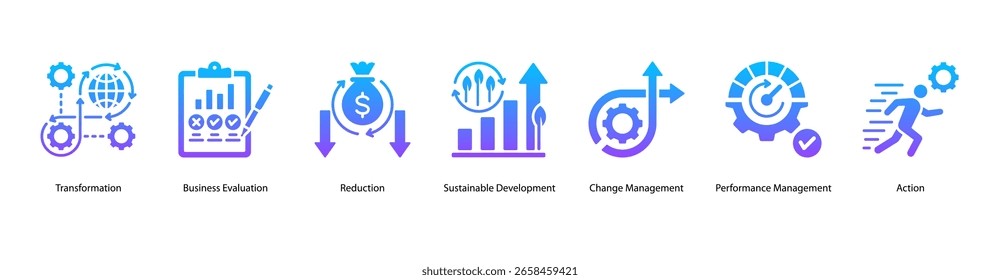 Ícone de vetor de banner de web de transformação organizacional ilustração com transformação, avaliação de negócios, redução, desenvolvimento sustentável, gerenciamento de alterações, gerenciamento de desempenho e ação.