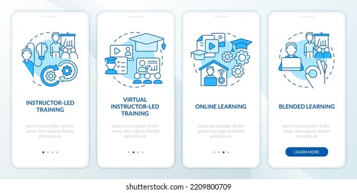Organize Corporate Training Program Blue Onboarding Mobile App Screen. Walkthrough 4 Steps Editable Graphic Instructions With Linear Concepts. UI, UX, GUI Template. Myriad Pro-Bold, Regular Fonts Used