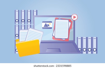 organize data storage and store files on server or pc user computer search documents in database.Vector Design Illustration.