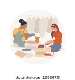 Organize donation isolated cartoon vector illustration. Group of people packaging a charity box with used books, toys, clothes, volunteers doing donation, personal growth vector cartoon.