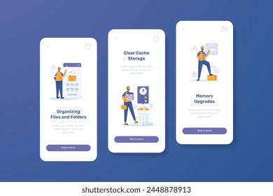 Organize file, clear cache storage and memory upgrade illustration onboard screen template